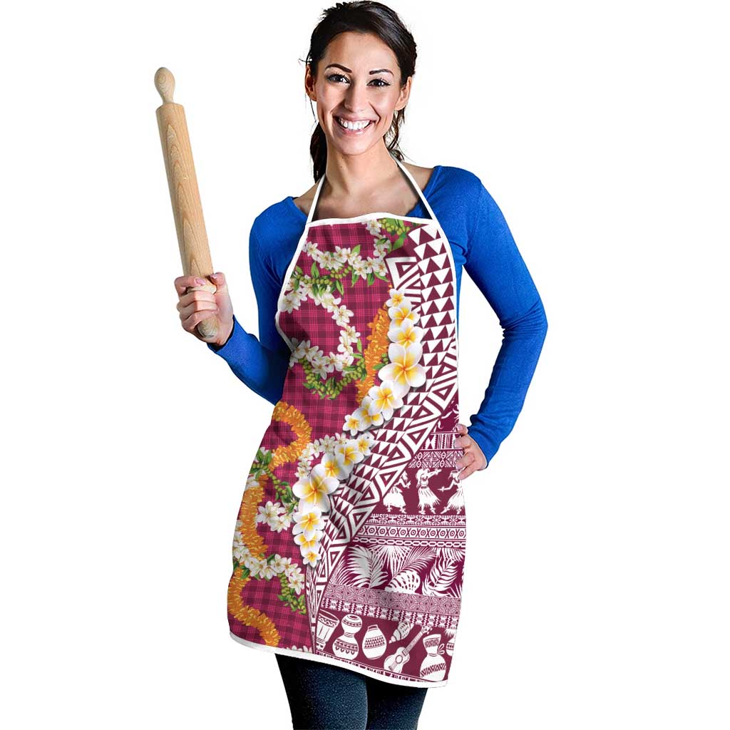 Hawaiian Plumeria Lei Apron Kakau Motifs and Palaka Half Style Pink Color - Polynesian Pride