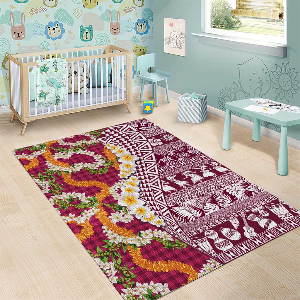 Hawaiian Plumeria Lei Area Rug Kakau Motifs and Palaka Half Style Pink Color - Polynesian Pride