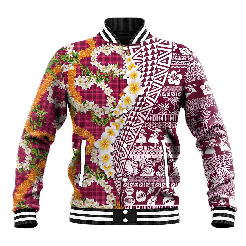 Hawaiian Plumeria Lei Baseball Jacket Kakau Motifs and Palaka Half Style Pink Color LT03 Unisex Pink - Polynesian Pride