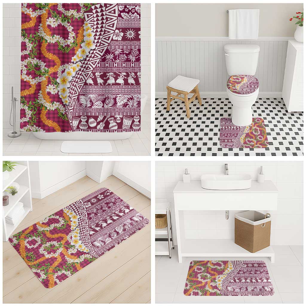 Hawaiian Plumeria Lei Bathroom Set Kakau Motifs and Palaka Half Style Pink Color - Polynesian Pride
