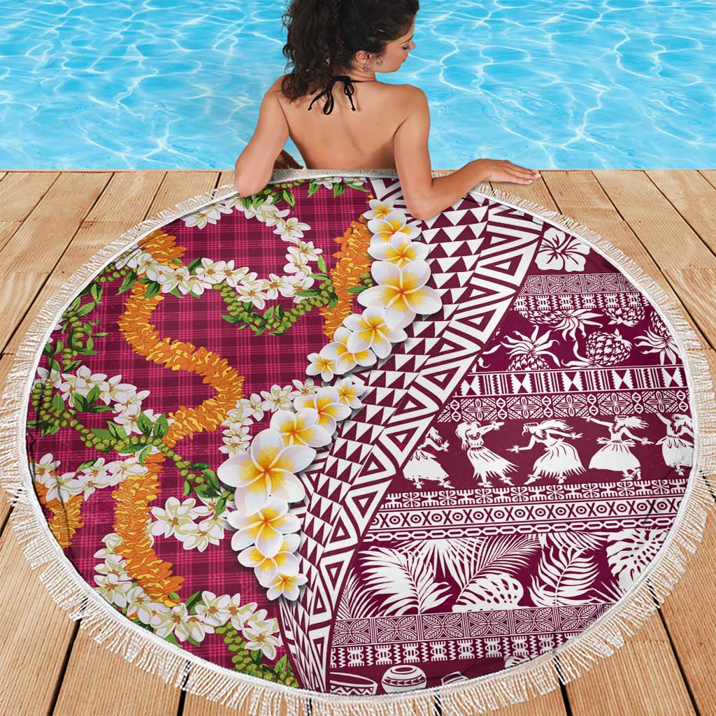 Hawaiian Plumeria Lei Beach Blanket Kakau Motifs and Palaka Half Style Pink Color - Polynesian Pride