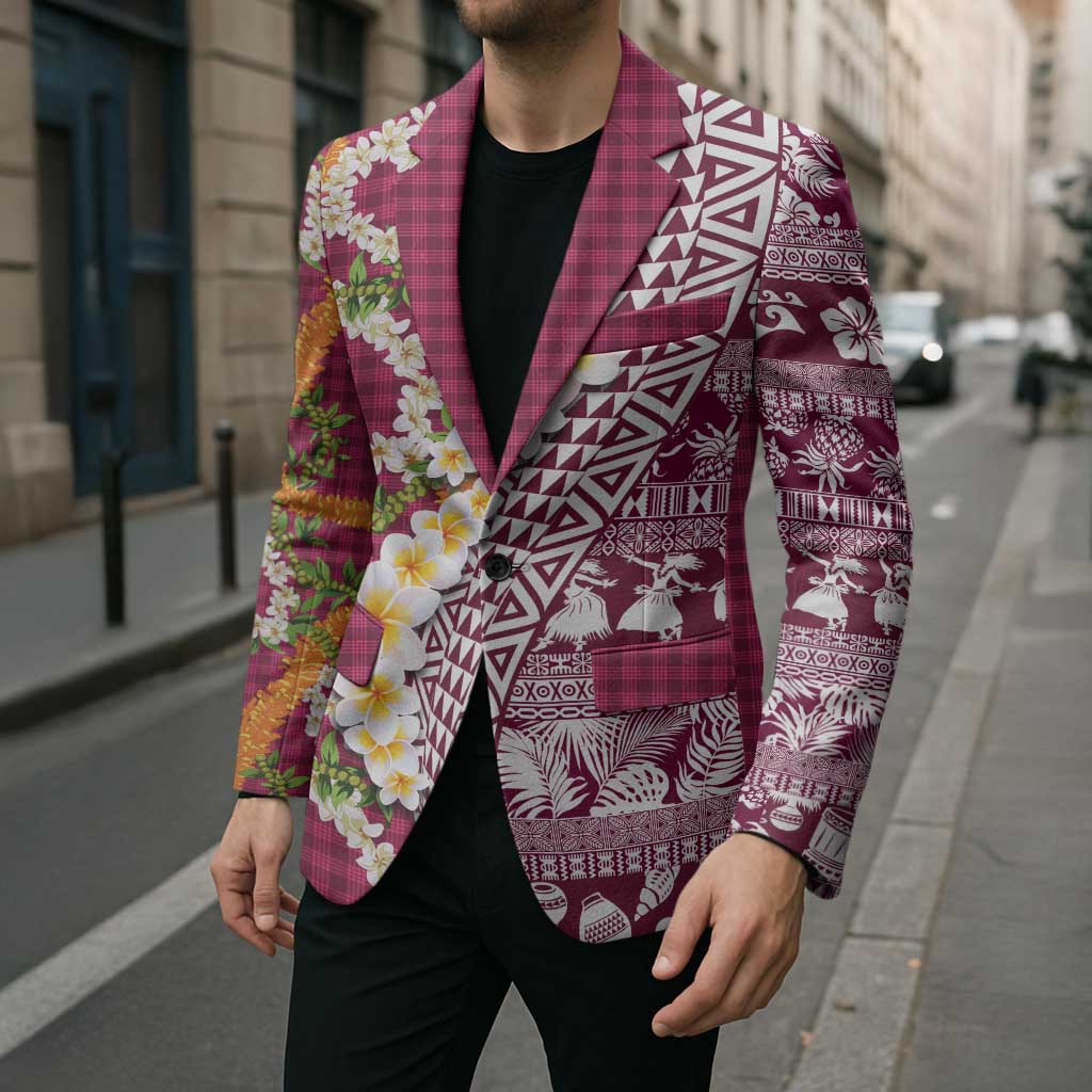 Hawaiian Plumeria Lei Blazer Kakau Motifs and Palaka Half Style Pink Color - Polynesian Pride