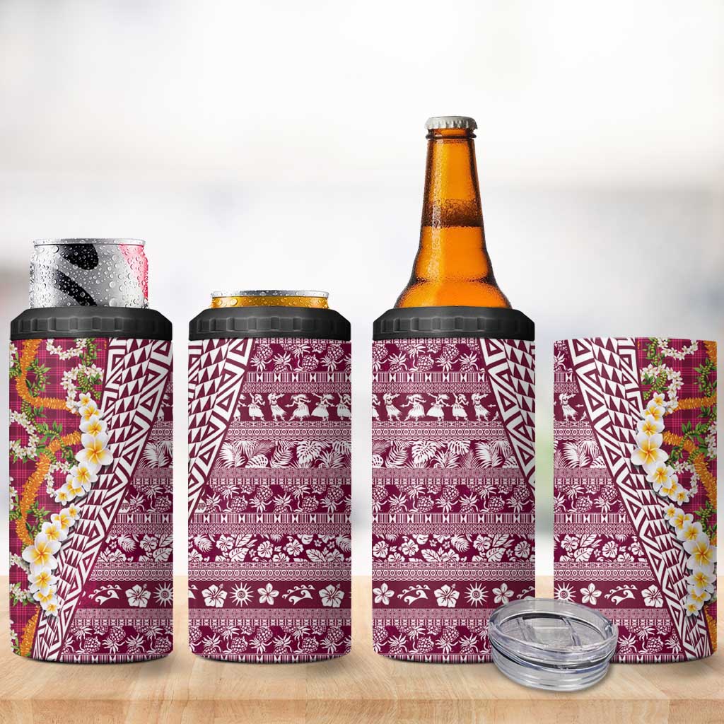 Hawaiian Plumeria Lei 4 in 1 Can Cooler Tumbler Kakau Motifs and Palaka Half Style Pink Color LT03 - Polynesian Pride