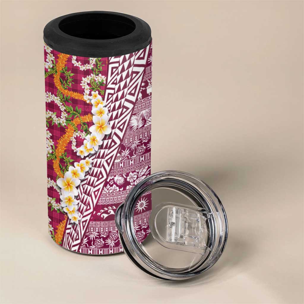 Hawaiian Plumeria Lei 4 in 1 Can Cooler Tumbler Kakau Motifs and Palaka Half Style Pink Color LT03 - Polynesian Pride