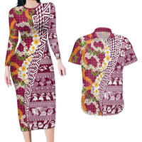 Hawaiian Plumeria Lei Couples Matching Long Sleeve Bodycon Dress and Hawaiian Shirt Kakau Motifs and Palaka Half Style Pink Color LT03 Pink - Polynesian Pride