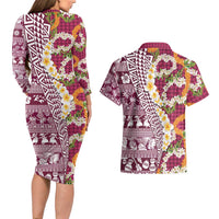 Hawaiian Plumeria Lei Couples Matching Long Sleeve Bodycon Dress and Hawaiian Shirt Kakau Motifs and Palaka Half Style Pink Color LT03 - Polynesian Pride