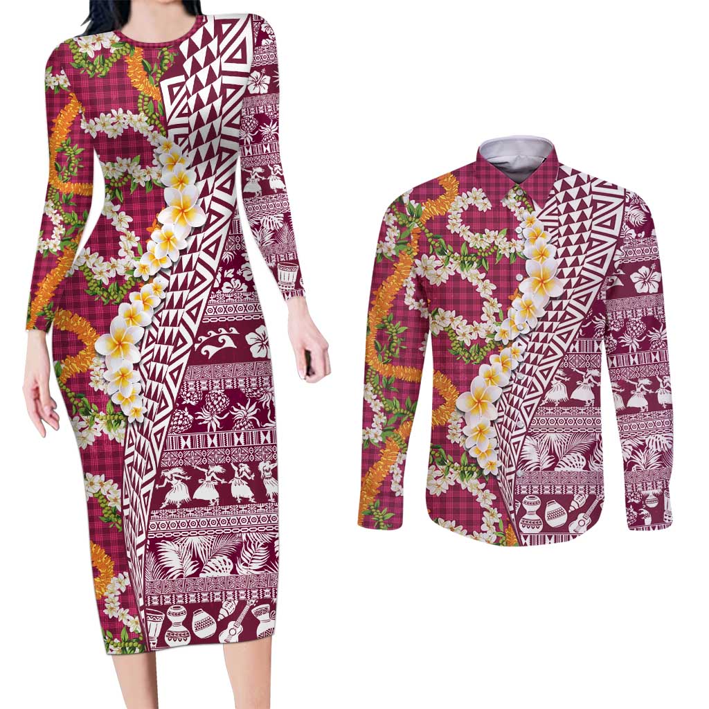 Hawaiian Plumeria Lei Couples Matching Long Sleeve Bodycon Dress and Long Sleeve Button Shirt Kakau Motifs and Palaka Half Style Pink Color - Polynesian Pride