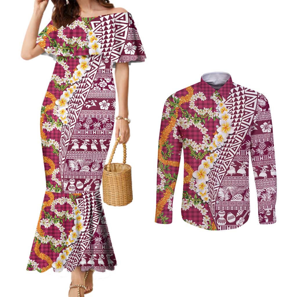 Hawaiian Plumeria Lei Couples Matching Mermaid Dress and Long Sleeve Button Shirt Kakau Motifs and Palaka Half Style Pink Color LT03 Pink - Polynesian Pride