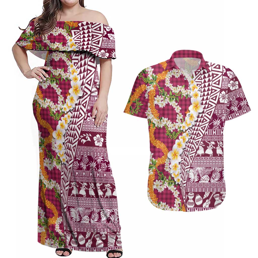 Hawaiian Plumeria Lei Couples Matching Off Shoulder Maxi Dress and Hawaiian Shirt Kakau Motifs and Palaka Half Style Pink Color LT03 Pink - Polynesian Pride