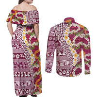 Hawaiian Plumeria Lei Couples Matching Off Shoulder Maxi Dress and Long Sleeve Button Shirt Kakau Motifs and Palaka Half Style Pink Color LT03 - Polynesian Pride