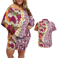 Hawaiian Plumeria Lei Couples Matching Off Shoulder Short Dress and Hawaiian Shirt Kakau Motifs and Palaka Half Style Pink Color LT03 Pink - Polynesian Pride