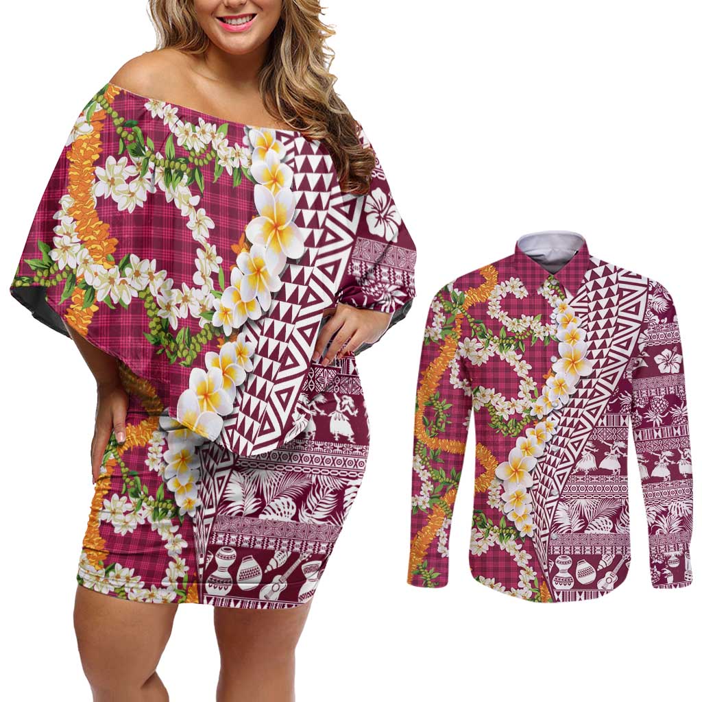 Hawaiian Plumeria Lei Couples Matching Off Shoulder Short Dress and Long Sleeve Button Shirt Kakau Motifs and Palaka Half Style Pink Color LT03 Pink - Polynesian Pride