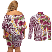 Hawaiian Plumeria Lei Couples Matching Off Shoulder Short Dress and Long Sleeve Button Shirt Kakau Motifs and Palaka Half Style Pink Color LT03 - Polynesian Pride