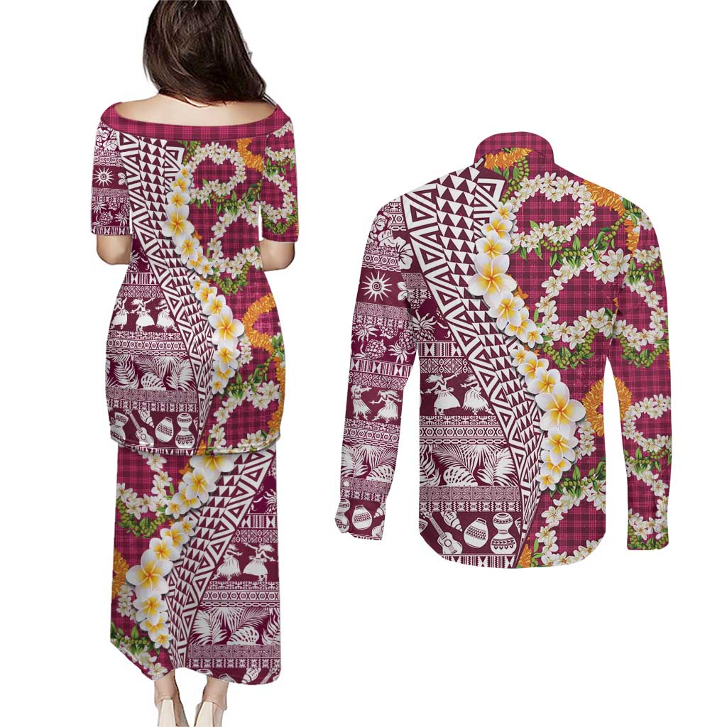 Hawaiian Plumeria Lei Couples Matching Puletasi and Long Sleeve Button Shirt Kakau Motifs and Palaka Half Style Pink Color LT03 - Polynesian Pride