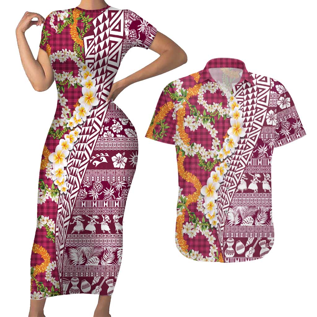 Hawaiian Plumeria Lei Couples Matching Short Sleeve Bodycon Dress and Hawaiian Shirt Kakau Motifs and Palaka Half Style Pink Color LT03 Pink - Polynesian Pride