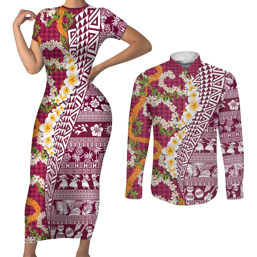 Hawaiian Plumeria Lei Couples Matching Short Sleeve Bodycon Dress and Long Sleeve Button Shirt Kakau Motifs and Palaka Half Style Pink Color - Polynesian Pride