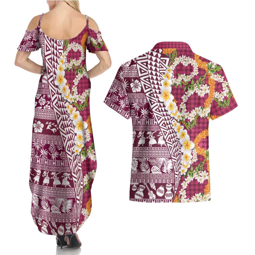 Hawaiian Plumeria Lei Couples Matching Summer Maxi Dress and Hawaiian Shirt Kakau Motifs and Palaka Half Style Pink Color LT03 - Polynesian Pride