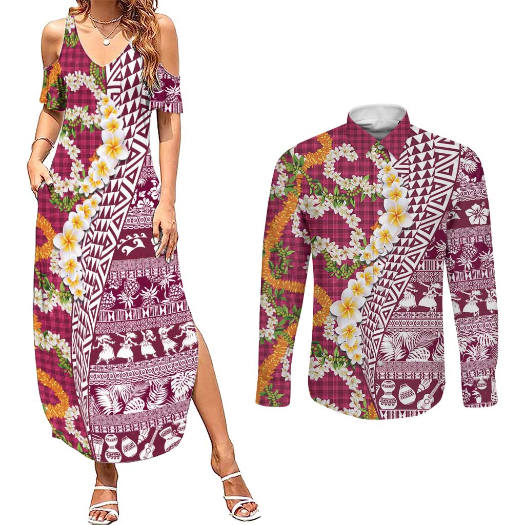 Hawaiian Plumeria Lei Couples Matching Summer Maxi Dress and Long Sleeve Button Shirt Kakau Motifs and Palaka Half Style Pink Color LT03 Pink - Polynesian Pride