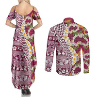 Hawaiian Plumeria Lei Couples Matching Summer Maxi Dress and Long Sleeve Button Shirt Kakau Motifs and Palaka Half Style Pink Color LT03 - Polynesian Pride