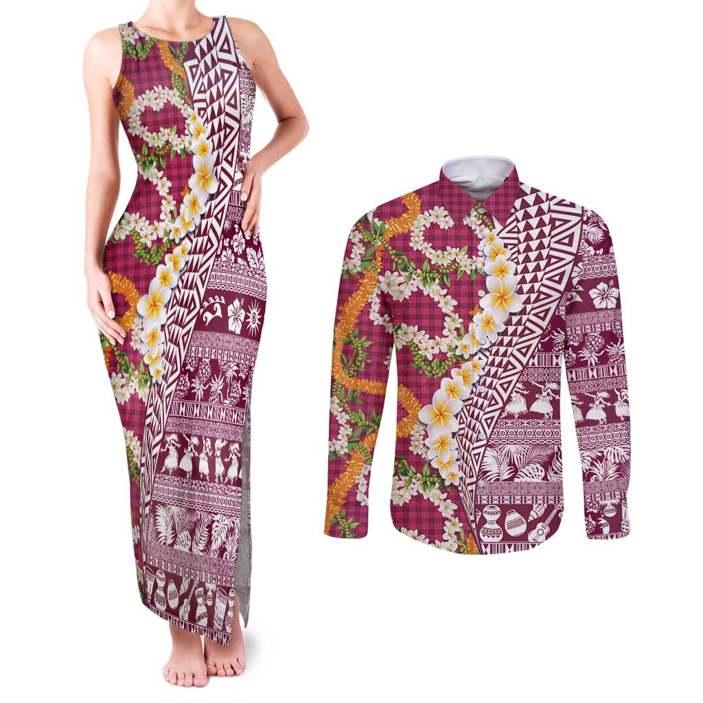 Hawaiian Plumeria Lei Couples Matching Tank Maxi Dress and Long Sleeve Button Shirt Kakau Motifs and Palaka Half Style Pink Color - Polynesian Pride