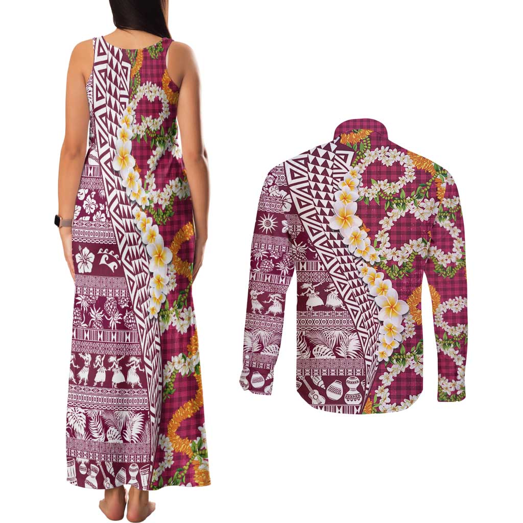 Hawaiian Plumeria Lei Couples Matching Tank Maxi Dress and Long Sleeve Button Shirt Kakau Motifs and Palaka Half Style Pink Color LT03 - Polynesian Pride