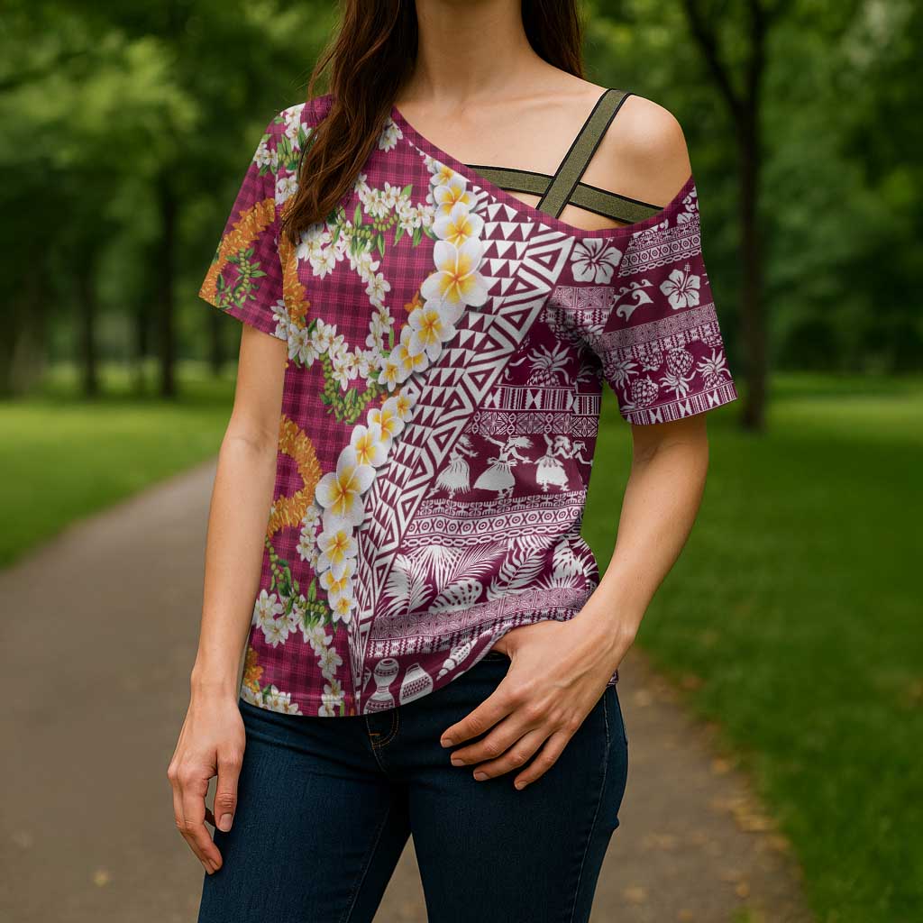Hawaiian Plumeria Lei Cross Shoulder Shirt Kakau Motifs and Palaka Half Style Pink Color - Polynesian Pride