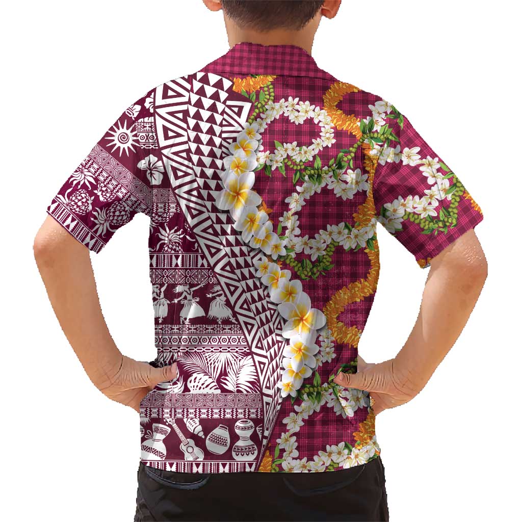 Hawaiian Plumeria Lei Family Matching Long Sleeve Bodycon Dress and Hawaiian Shirt Kakau Motifs and Palaka Half Style Pink Color LT03 - Polynesian Pride