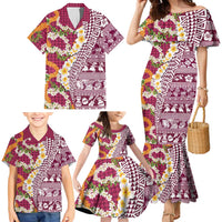 Hawaiian Plumeria Lei Family Matching Mermaid Dress and Hawaiian Shirt Kakau Motifs and Palaka Half Style Pink Color LT03 - Polynesian Pride