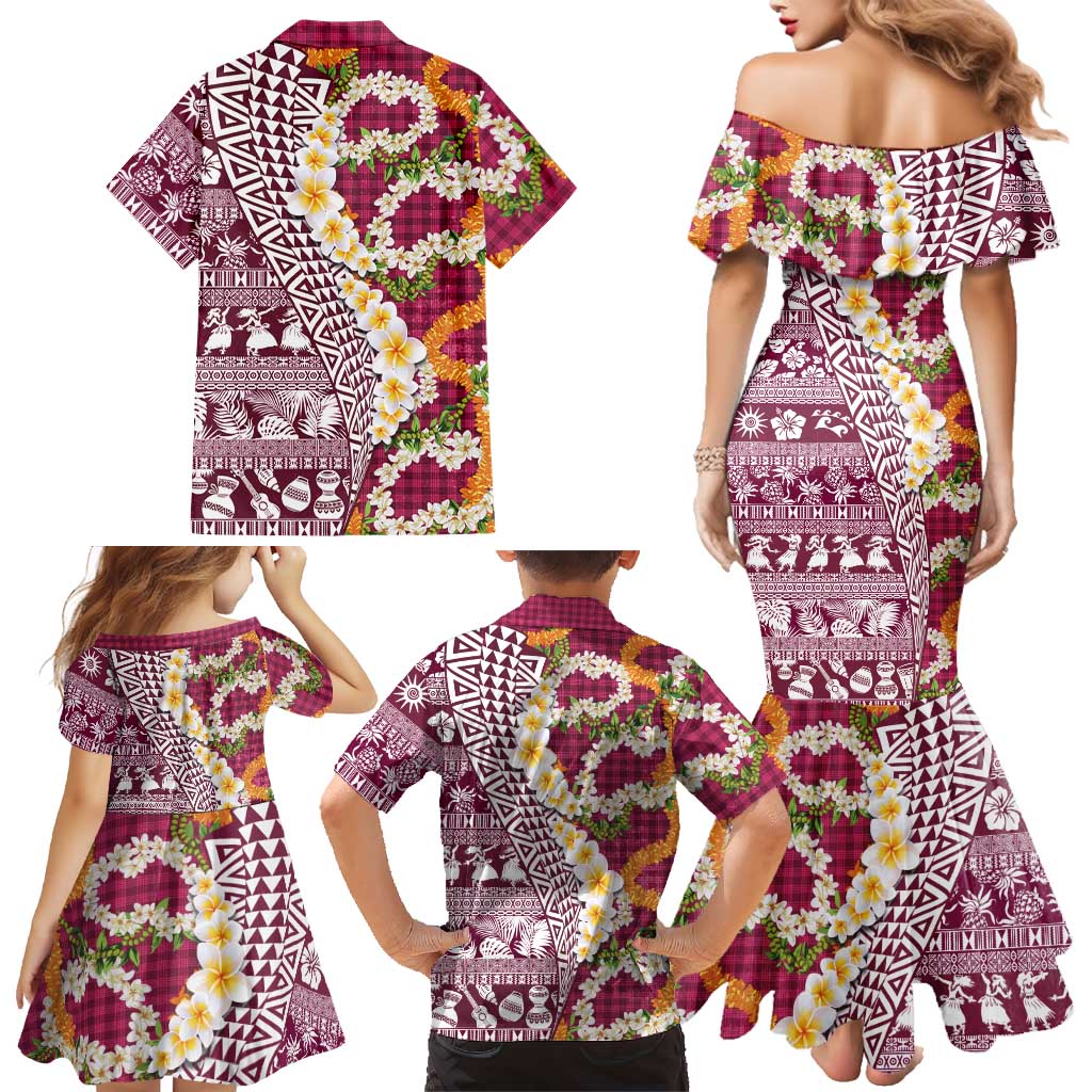 Hawaiian Plumeria Lei Family Matching Mermaid Dress and Hawaiian Shirt Kakau Motifs and Palaka Half Style Pink Color LT03 - Polynesian Pride