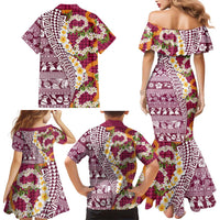 Hawaiian Plumeria Lei Family Matching Mermaid Dress and Hawaiian Shirt Kakau Motifs and Palaka Half Style Pink Color LT03 - Polynesian Pride