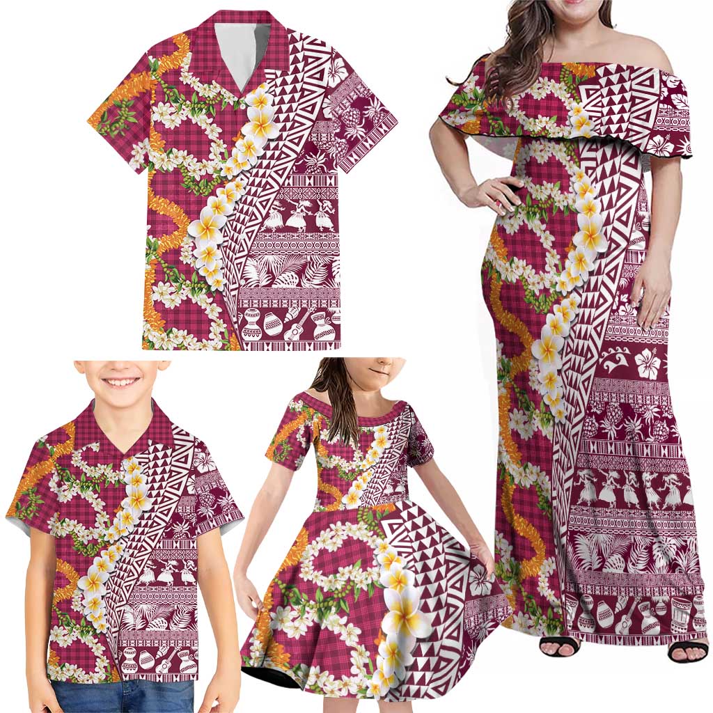 Hawaiian Plumeria Lei Family Matching Off Shoulder Maxi Dress and Hawaiian Shirt Kakau Motifs and Palaka Half Style Pink Color LT03 - Polynesian Pride