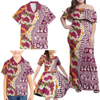 Hawaiian Plumeria Lei Family Matching Off Shoulder Maxi Dress and Hawaiian Shirt Kakau Motifs and Palaka Half Style Pink Color LT03 - Polynesian Pride