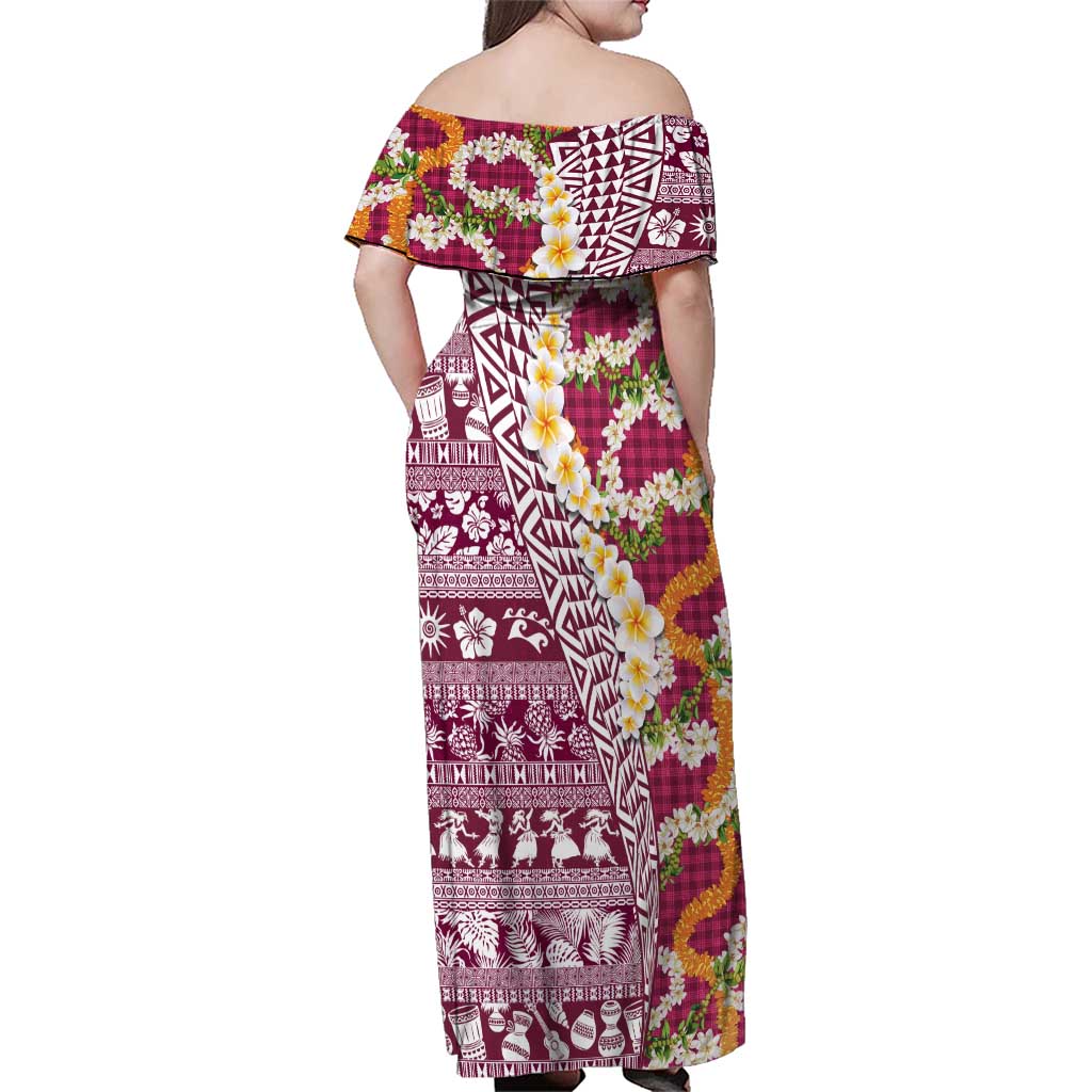 Hawaiian Plumeria Lei Family Matching Off Shoulder Maxi Dress and Hawaiian Shirt Kakau Motifs and Palaka Half Style Pink Color LT03 - Polynesian Pride