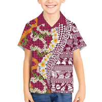 Hawaiian Plumeria Lei Family Matching Off Shoulder Maxi Dress and Hawaiian Shirt Kakau Motifs and Palaka Half Style Pink Color LT03 Son's Shirt Pink - Polynesian Pride