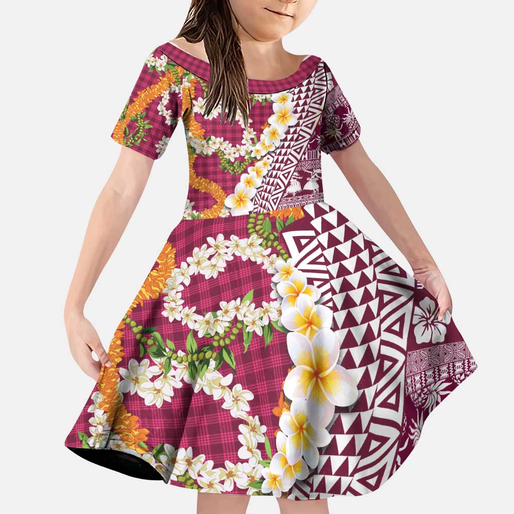 Hawaiian Plumeria Lei Family Matching Off Shoulder Short Dress and Hawaiian Shirt Kakau Motifs and Palaka Half Style Pink Color LT03 Daughter's Dress Pink - Polynesian Pride