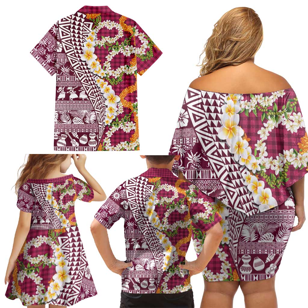 Hawaiian Plumeria Lei Family Matching Off Shoulder Short Dress and Hawaiian Shirt Kakau Motifs and Palaka Half Style Pink Color LT03 - Polynesian Pride