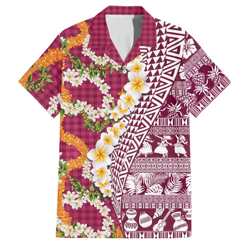 Hawaiian Plumeria Lei Family Matching Off Shoulder Short Dress and Hawaiian Shirt Kakau Motifs and Palaka Half Style Pink Color LT03 Dad's Shirt - Short Sleeve Pink - Polynesian Pride