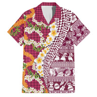 Hawaiian Plumeria Lei Family Matching Off Shoulder Short Dress and Hawaiian Shirt Kakau Motifs and Palaka Half Style Pink Color LT03 Dad's Shirt - Short Sleeve Pink - Polynesian Pride