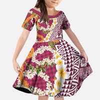 Hawaiian Plumeria Lei Family Matching Puletasi and Hawaiian Shirt Kakau Motifs and Palaka Half Style Pink Color LT03 Daughter's Dress Pink - Polynesian Pride