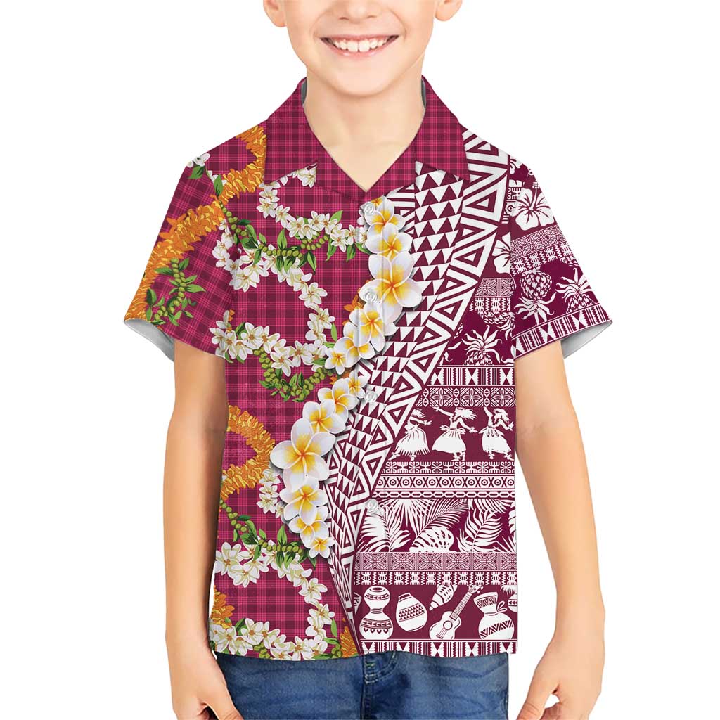 Hawaiian Plumeria Lei Family Matching Puletasi and Hawaiian Shirt Kakau Motifs and Palaka Half Style Pink Color LT03 Son's Shirt Pink - Polynesian Pride