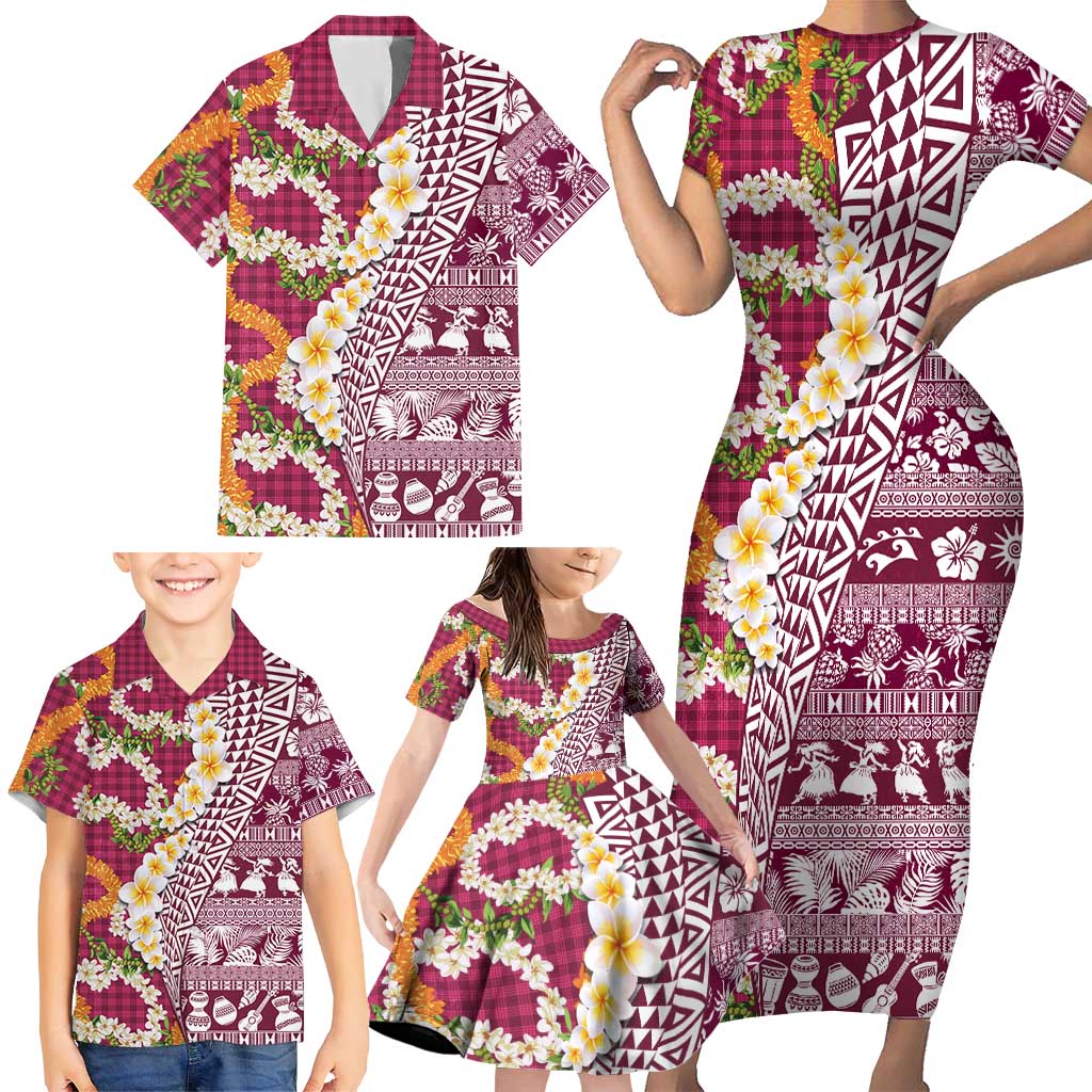 Hawaiian Plumeria Lei Family Matching Short Sleeve Bodycon Dress and Hawaiian Shirt Kakau Motifs and Palaka Half Style Pink Color - Polynesian Pride