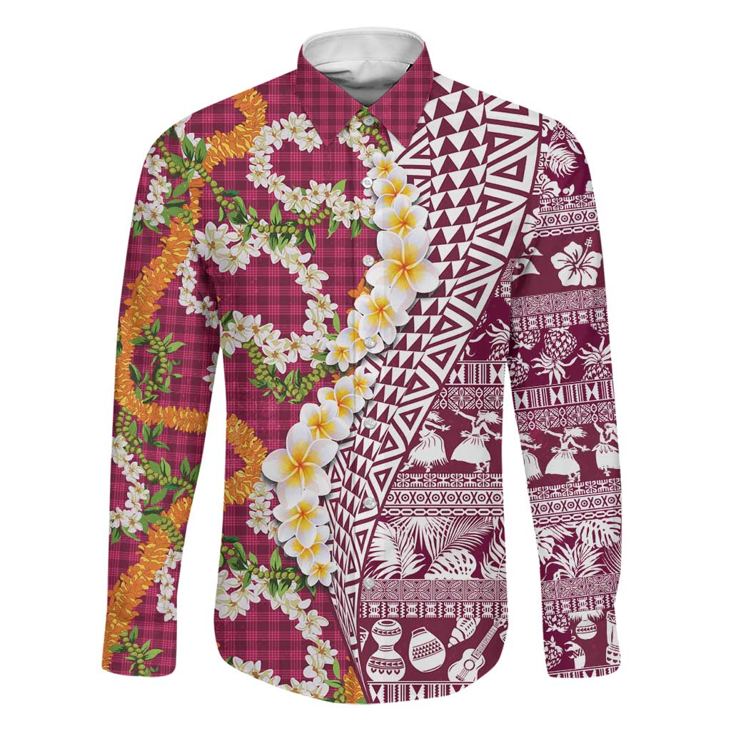 Hawaiian Plumeria Lei Family Matching Short Sleeve Bodycon Dress and Hawaiian Shirt Kakau Motifs and Palaka Half Style Pink Color LT03 Dad's Shirt - Long Sleeve Pink - Polynesian Pride