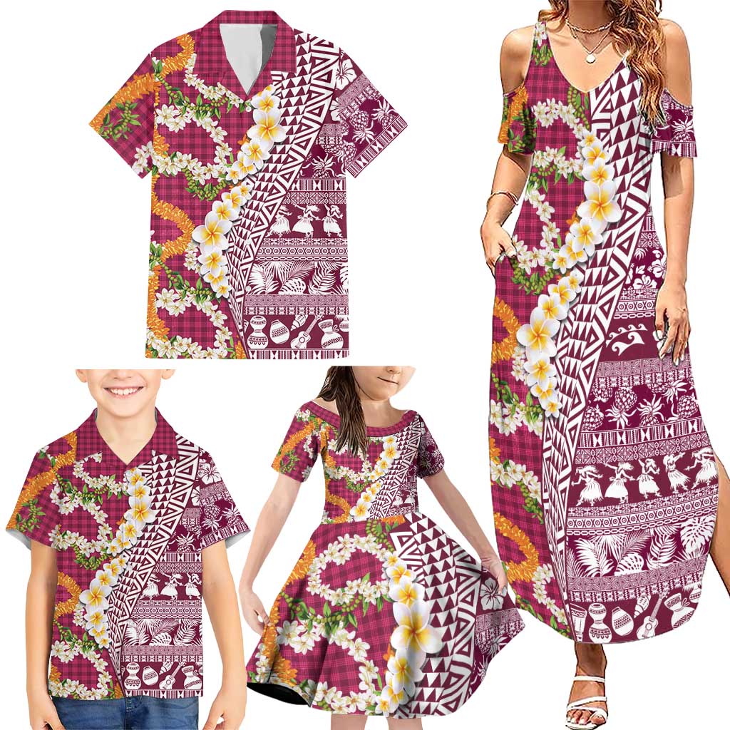 Hawaiian Plumeria Lei Family Matching Summer Maxi Dress and Hawaiian Shirt Kakau Motifs and Palaka Half Style Pink Color - Polynesian Pride