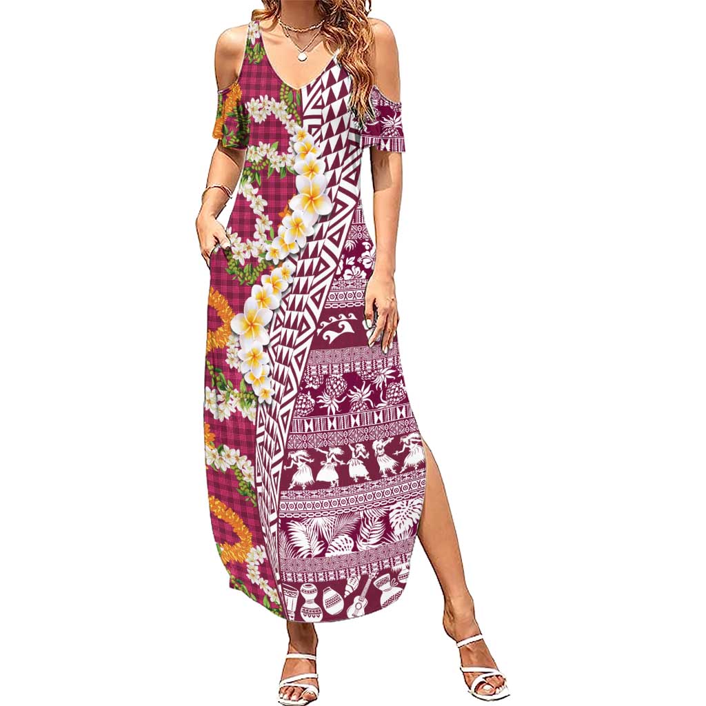 Hawaiian Plumeria Lei Family Matching Summer Maxi Dress and Hawaiian Shirt Kakau Motifs and Palaka Half Style Pink Color LT03 Mom's Dress Pink - Polynesian Pride