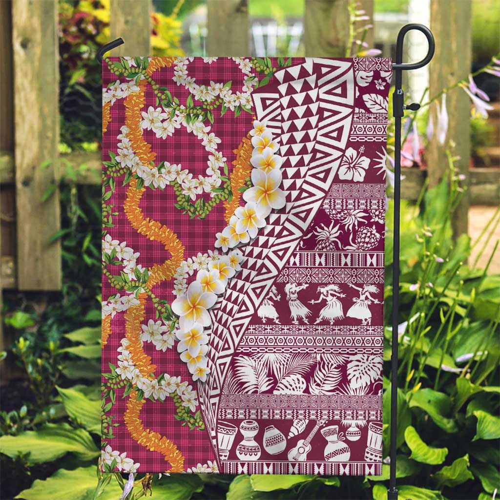 Hawaiian Plumeria Lei Garden Flag Kakau Motifs and Palaka Half Style Pink Color - Polynesian Pride