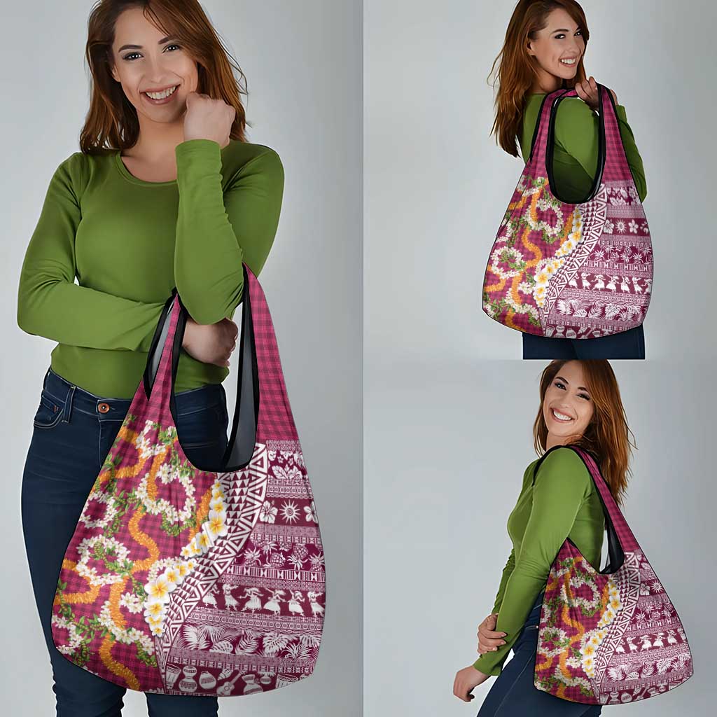 Hawaiian Plumeria Lei Grocery Bag Kakau Motifs and Palaka Half Style Pink Color - Polynesian Pride