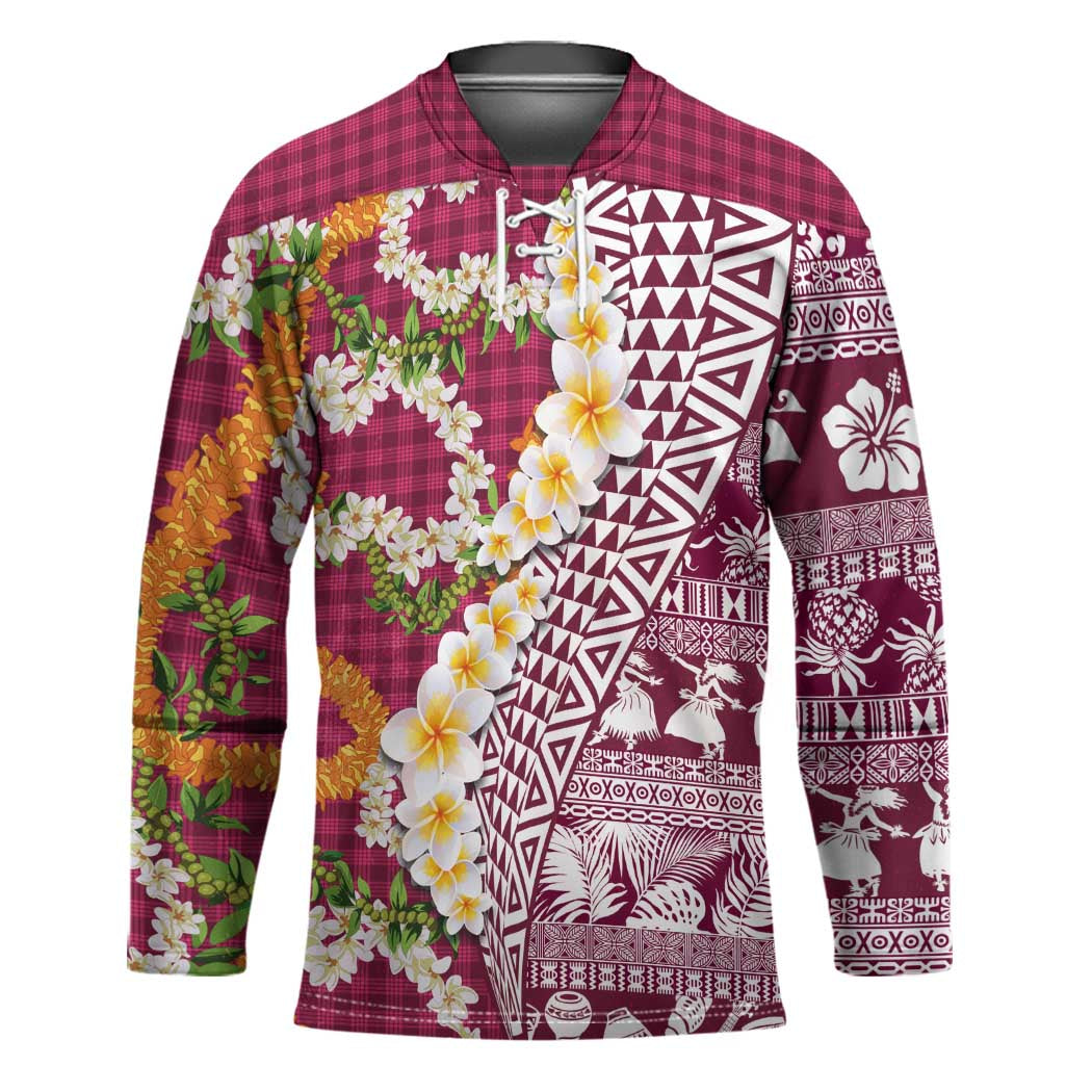 Hawaiian Plumeria Lei Hockey Jersey Kakau Motifs and Palaka Half Style Pink Color - Polynesian Pride