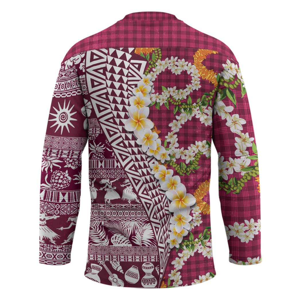 Hawaiian Plumeria Lei Hockey Jersey Kakau Motifs and Palaka Half Style Pink Color - Polynesian Pride