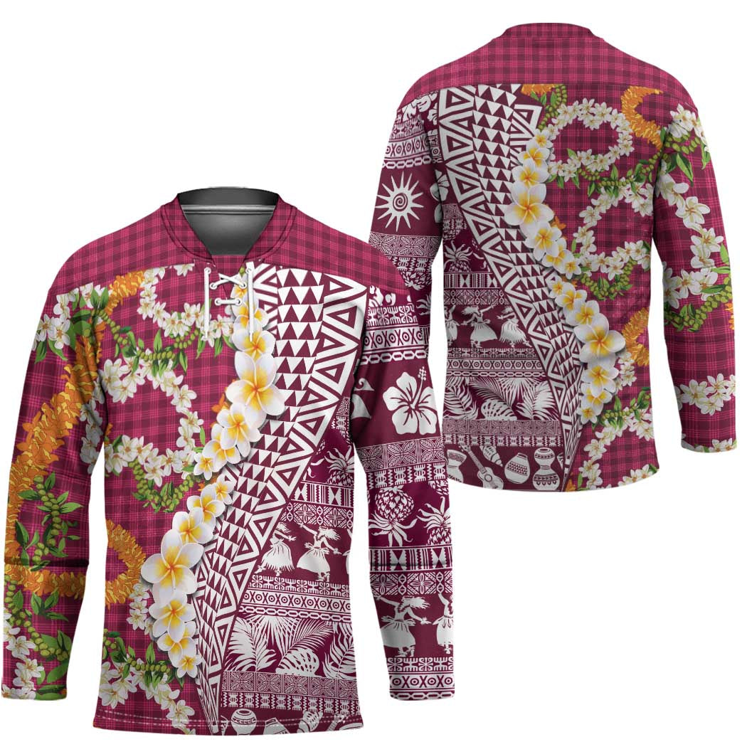 Hawaiian Plumeria Lei Hockey Jersey Kakau Motifs and Palaka Half Style Pink Color - Polynesian Pride
