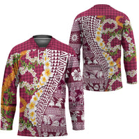 Hawaiian Plumeria Lei Hockey Jersey Kakau Motifs and Palaka Half Style Pink Color - Polynesian Pride